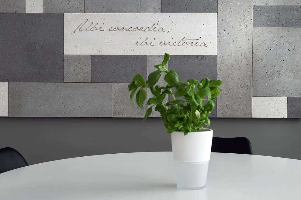 Decoration and logo in architectural concrete concreAte pure, common and ash concreAte tetris / ConcreAte concave print — Kancelaria MUSK / Cieszyn